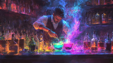A bartender mixing a vibrant colored cocktail with a flourish, surrounded by an array of bottles and ingredients.の素材