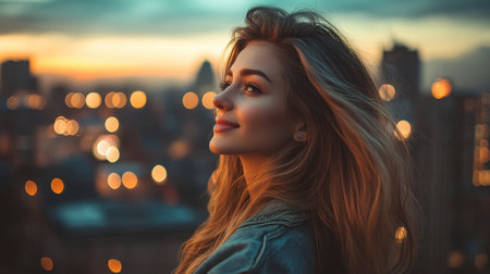 A beautiful-haired woman at a rooftop party, her hair styled in loose waves as she enjoys the city view.の素材