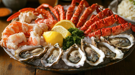 A beautifully arranged seafood platter featuring a variety of oysters, crab legs, and shrimp, with lemon wedges.の素材