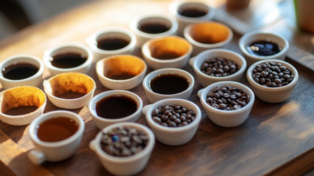 A beautifully arranged coffee tasting flight with different varieties of coffee beans and small cups of brewed coffee.の素材