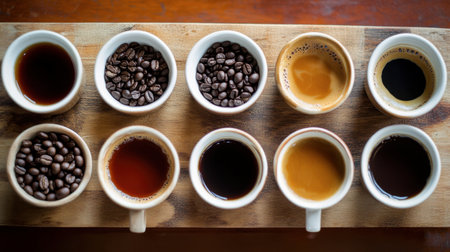 A beautifully arranged coffee tasting flight with different varieties of coffee beans and small cups of brewed coffee.の素材