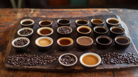 A beautifully arranged coffee tasting flight with different varieties of coffee beans and small cups of brewed coffee.の素材