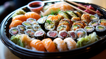 A beautifully arranged platter of assorted sushi rolls, sashimi, and tempura, with dipping sauces and chopsticks.の素材