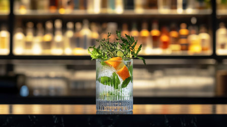 A beautifully presented gin cocktail with a garnish of herbs and citrus, set against a modern bar backdrop.の素材