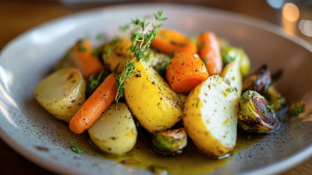 A beautifully plated dish of roasted vegetables, including carrots, potatoes, and Brussels sprouts, with a drizzle of olive oil.の素材