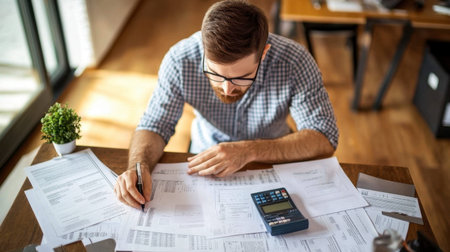A business professional sitting at a desk with financial papers and a calculator, reviewing expenses.の素材