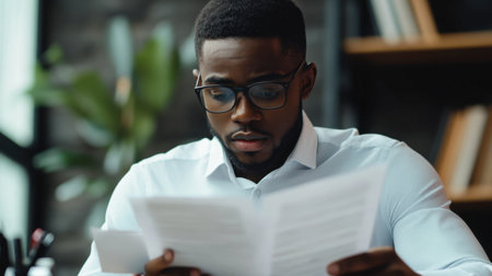 A business professional reviewing documents at a desk, with a serious and focused expression.の素材