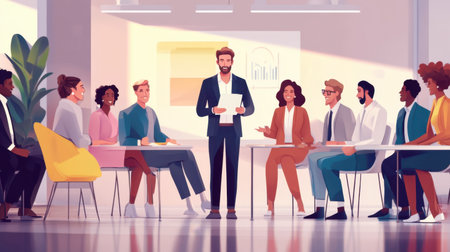 A business executive holding a brainstorming session with a diverse group of colleagues.の素材