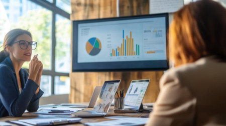 A business professional discussing a project with a client over a virtual meeting.の素材