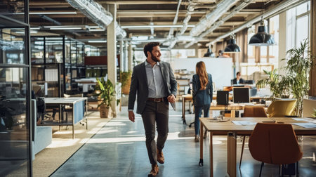 A business executive walking through an open-plan office, discussing a project with a colleague.の素材