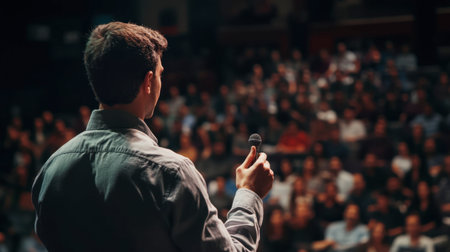 A business executive leading a workshop in front of a large group of employees, engaging the audience.の素材