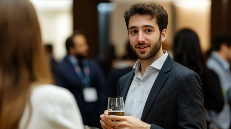 A businessperson networking at a cocktail reception, discussing business strategies over drinks.の素材