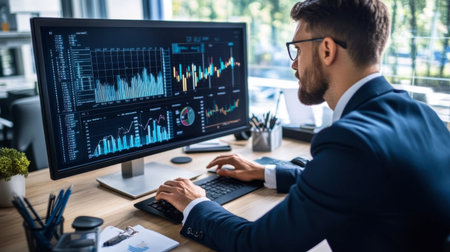 A businessperson at a desk, analyzing financial reports with charts and graphs on a computer screen.の素材