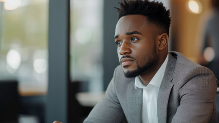 A businessperson sitting at a roundtable discussion, listening intently to a colleague presentation.の素材