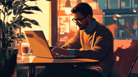 A businessperson sitting in a working on a laptop while sipping coffee during a break.の素材