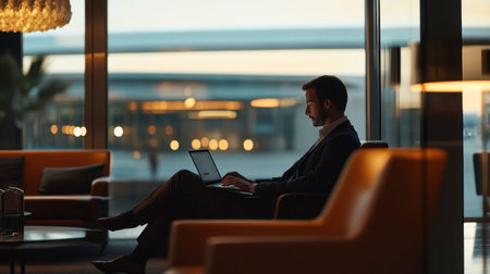 A businessperson sitting in an airport lounge, working on a laptop while waiting for their flight.の素材