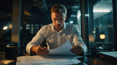 A businessperson sitting at a large desk, reviewing a contract with a serious, focused expression.の素材