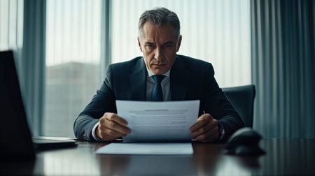 A businessperson sitting at a large desk, reviewing a contract with a serious, focused expression.の素材
