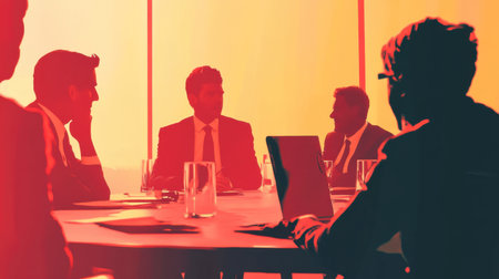 A businessperson sitting at a roundtable discussion, listening intently to a colleague presentation.の素材