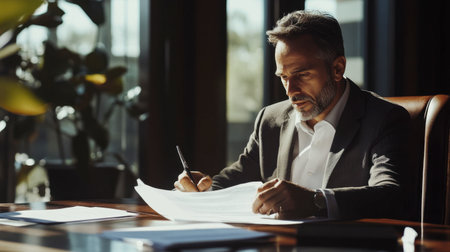 A businessperson sitting at a large desk, reviewing a contract with a serious, focused expression.の素材
