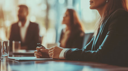 A businessperson sitting at a roundtable discussion, listening intently to a colleague presentation.の素材