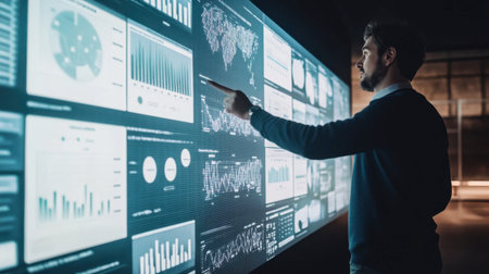 A businessperson standing in front of a large interactive display, pointing to key data points.の素材