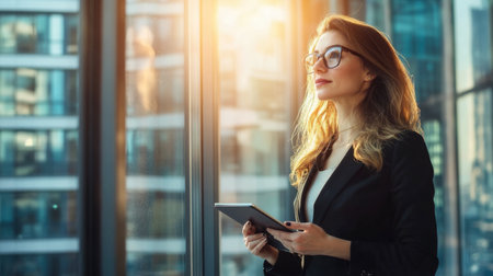A businesswoman holding a tablet and pen, looking out the window of a high-rise office building.の素材