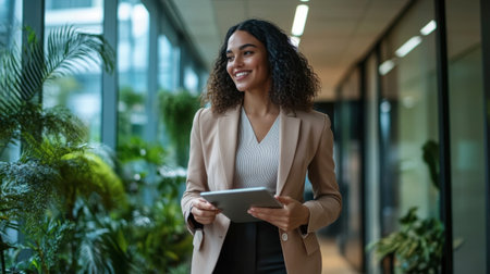 A businessperson walking down the hallway of a corporate office, holding a tablet and smiling.の素材