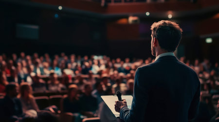 A businessperson standing in front of an audience at a conference, delivering a keynote presentation.の素材
