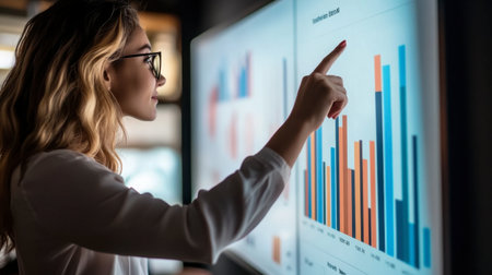 A businesswoman in a meeting room, pointing at a bar chart on the screen during a strategy session.の素材