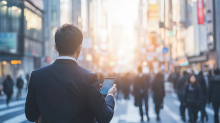 A businessperson using a smartphone while walking down a bustling city street.の素材