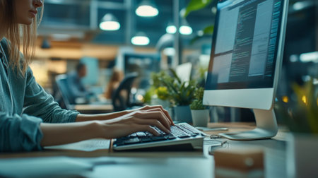 A busy office setting with a businessperson typing on a desktop computer, focusing on a project deadline.の素材