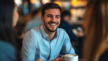 A businessperson smiling while discussing a proposal with a colleague over a cup of coffee.の素材