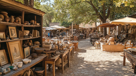 A bustling flea market in Provence, with antiques, books, and pottery on display.の素材