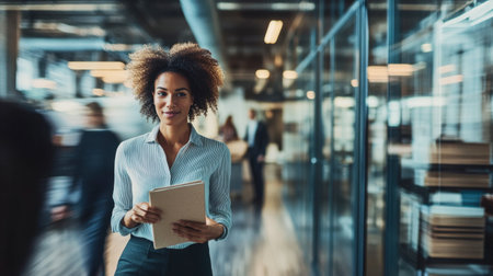 A businessperson walking through a busy office, talking to a colleague while holding a notebook.の素材