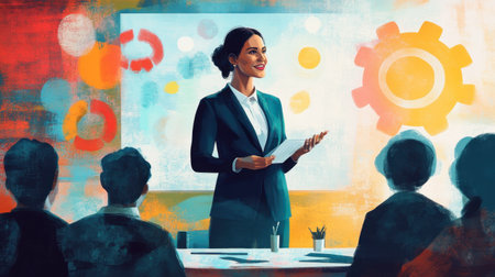 A businesswoman standing confidently in front of her team, leading a brainstorming session.の素材