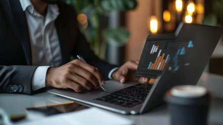 A businessperson typing on a laptop in a conference room, preparing for a team meeting.の素材