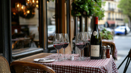 A charming bistro in the Marais district of Paris, with checkered tablecloths and French wine.の素材
