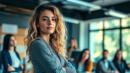 A businesswoman standing confidently in front of her team, leading a brainstorming session.の素材