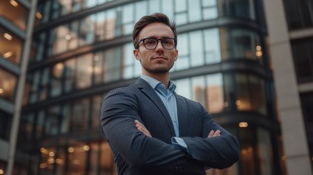 A businessperson standing in front of an office building, looking determined and ready to conquer the day.の素材