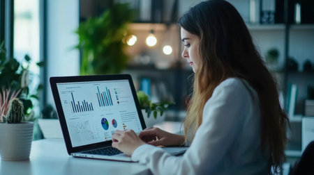 A businessperson working on a presentation in a quiet office, focusing on their laptop.の素材