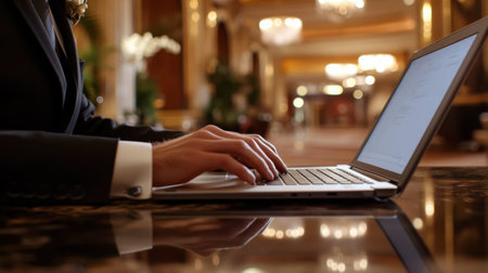 A businessperson typing on a laptop in a hotel lobby, preparing for an important client meeting.の素材