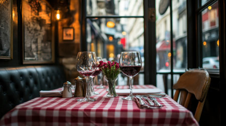 A charming bistro in the Marais district of Paris, with checkered tablecloths and French wine.の素材
