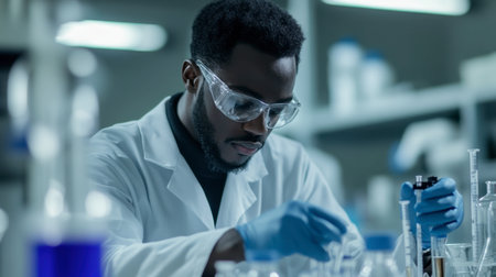 A chemical engineer in a lab coat handling chemicals and using lab equipment in a laboratory.の素材
