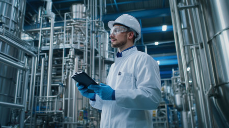 A chemical engineer inspecting the production process in a chemical plant.の素材