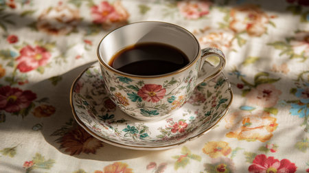 A close-up of a coffee cup and saucer with delicate floral patterns, placed on a vintage tablecloth.の素材
