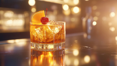 A classic old-fashioned cocktail with an orange twist and cherry, on a polished bar top with elegant lighting.の素材