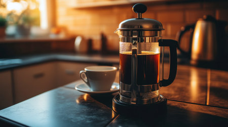 A close-up of a French press with freshly brewed coffee, ready to be poured into a waiting cup on a kitchen counter.の素材