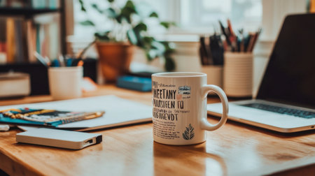 A close-up of a coffee mug with a motivational quote, sitting on a desk next to a laptop and office supplies.の素材