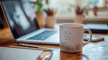 A close-up of a coffee mug with a motivational quote, sitting on a desk next to a laptop and office supplies.の素材